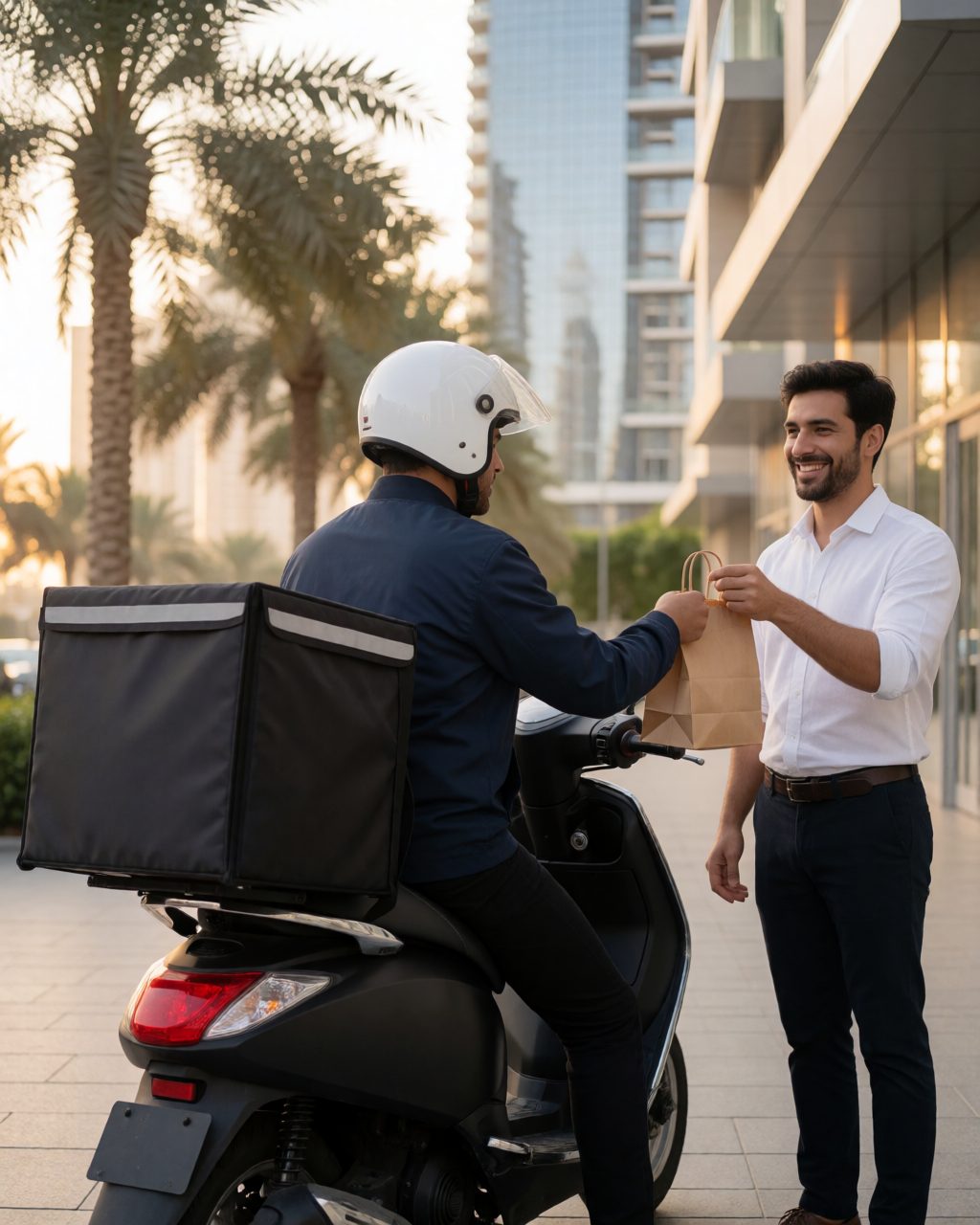 A delivery rider handing a grocery order to a customer in Dubai Marina