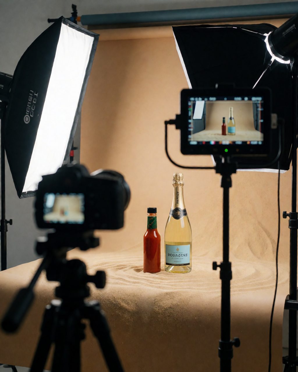 A product photography studio shooting a hot sauce and a sparkling drink for marketplace listings