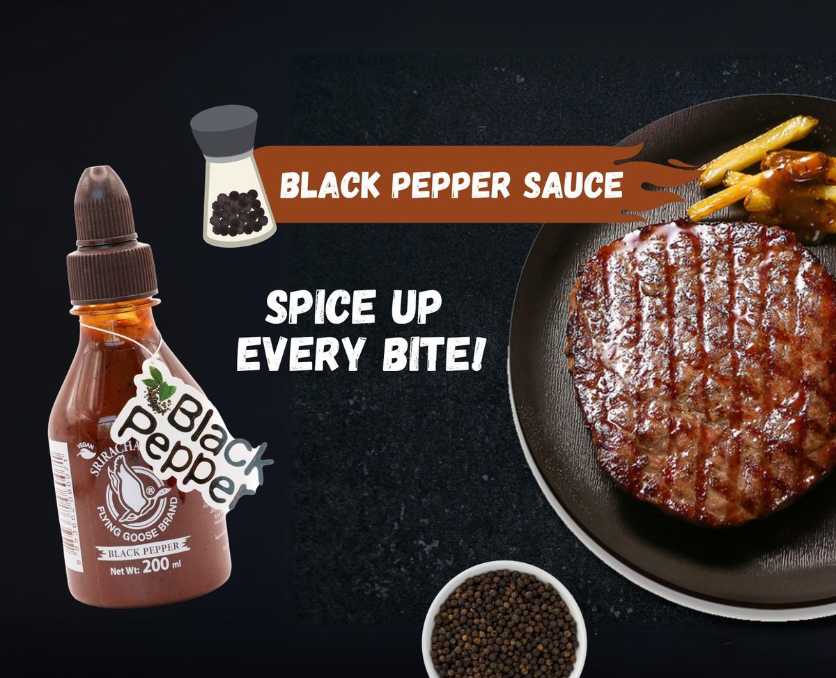 Flying Goose black pepper sauce next to a grilled steak