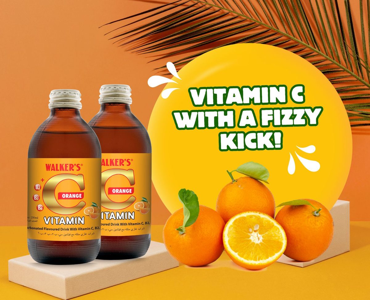 Walker orange vitamin C drink bottles with oranges