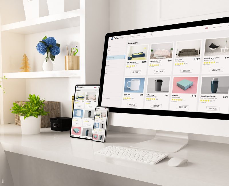 An online store shown on desktop, tablet and phone